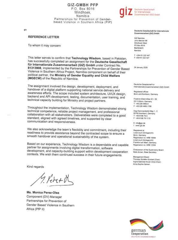 GIZ Namibia official reference letter for Technology Wisdom