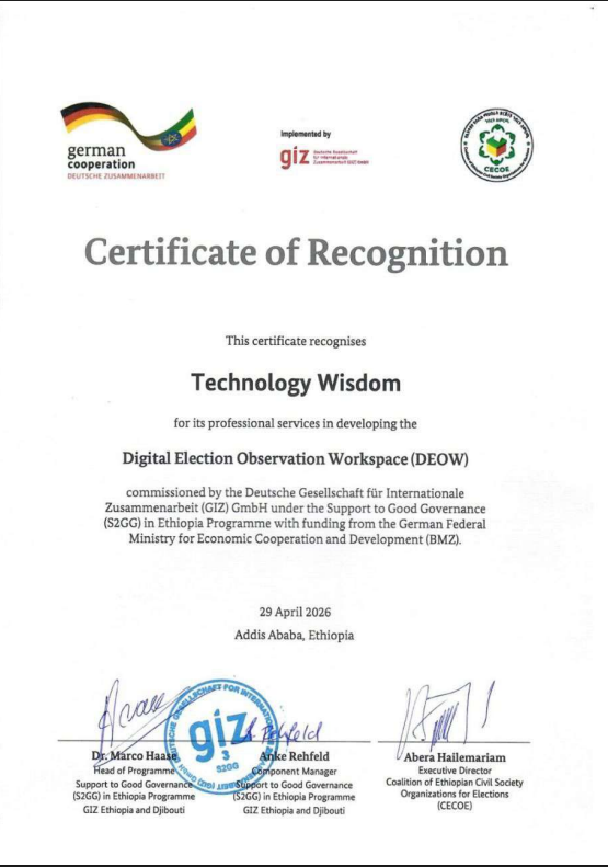 Certificate of Recognition issued to Technology Wisdom for developing DEOW, signed by GIZ Ethiopia and CECOE